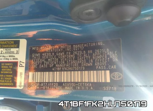 4T1BF1FK2HU750179 фото 10
