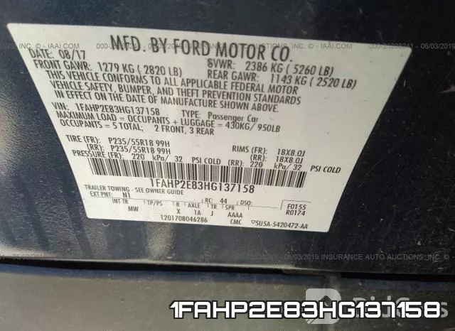 1FAHP2E83HG137158 фото 10