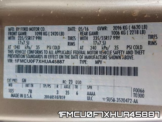 1FMCU0F7XHUA45887 фото 2