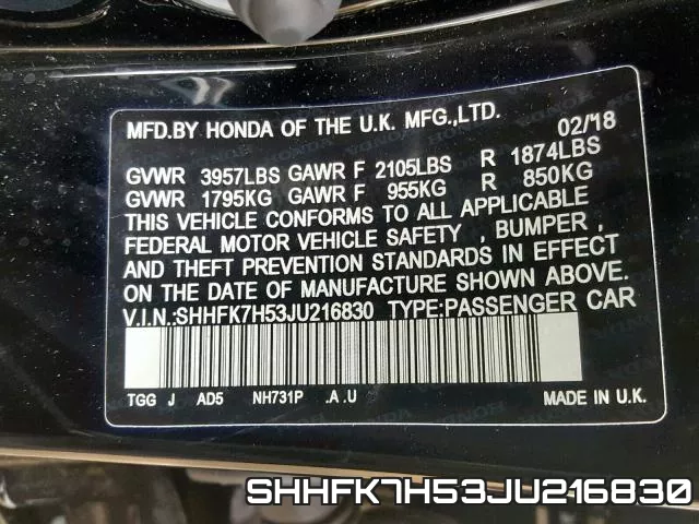 SHHFK7H53JU216830 фото 2