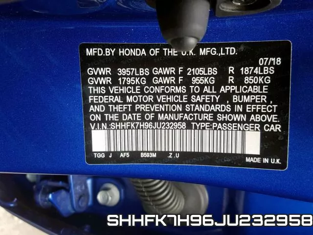 SHHFK7H96JU232958 фото 2