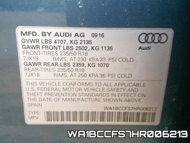 WA1BCCFS7HR006213 фото 2