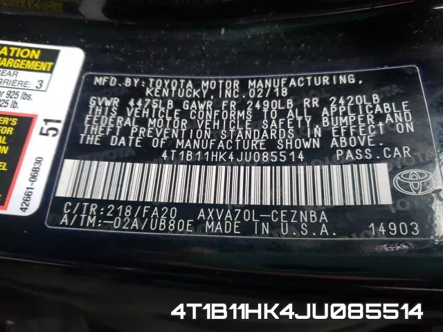 4T1B11HK4JU085514 фото 2