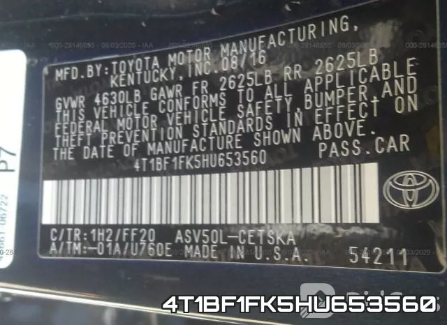 4T1BF1FK5HU653560 фото 9