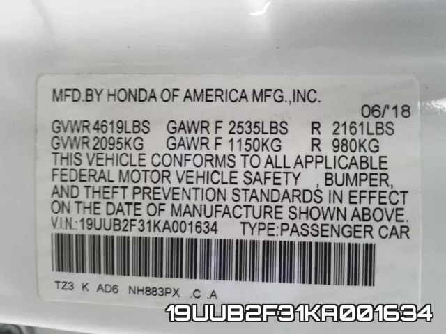 19UUB2F31KA001634 фото 2