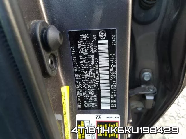 4T1B11HK6KU198429 фото 2