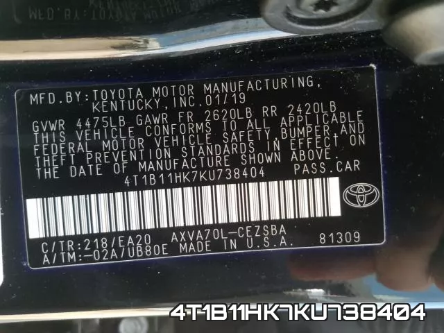 4T1B11HK7KU738404 фото 2