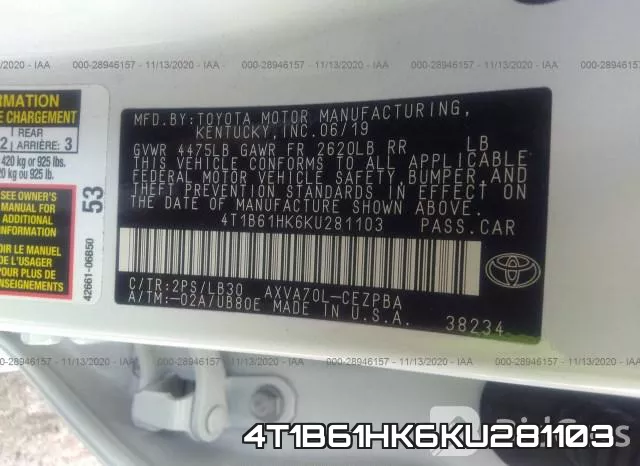 4T1B61HK6KU281103 фото 10