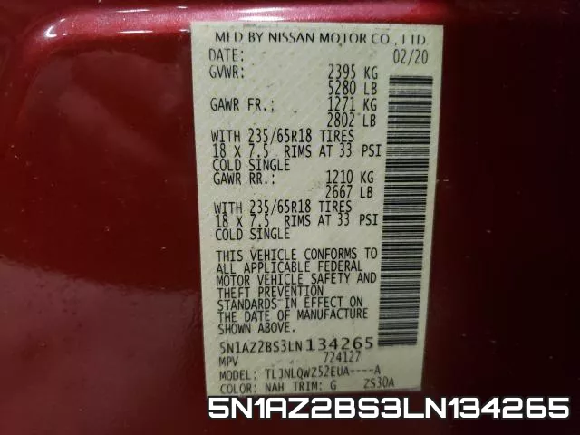 5N1AZ2BS3LN134265 фото 2