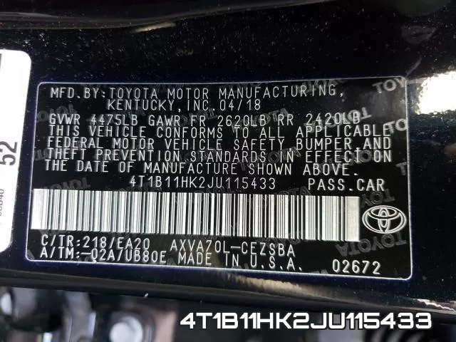4T1B11HK2JU115433 фото 2