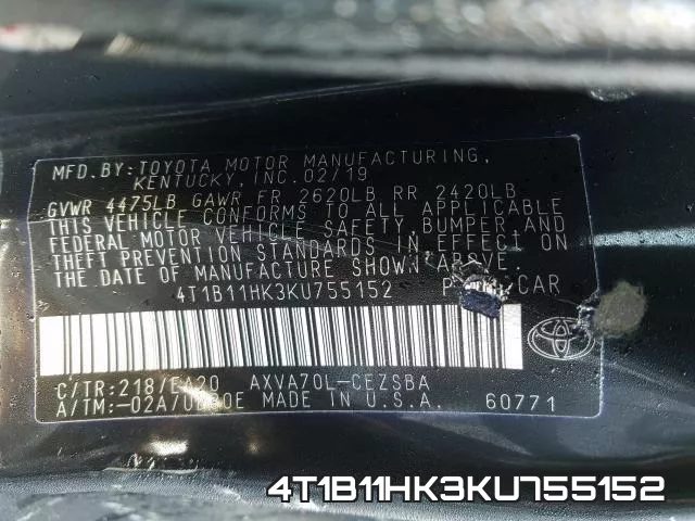 4T1B11HK3KU755152 фото 2