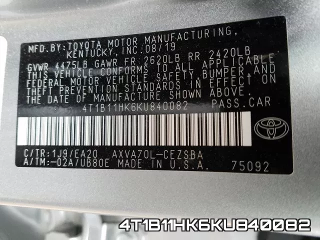 4T1B11HK6KU840082 фото 2