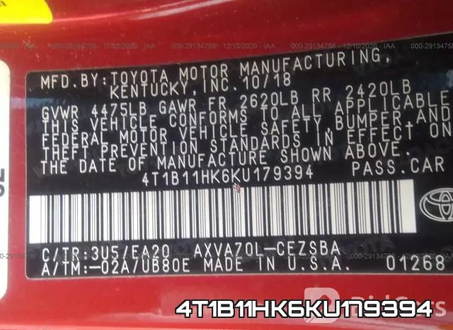 4T1B11HK6KU179394 фото 9