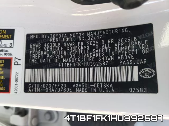 4T1BF1FK1HU392587 фото 2