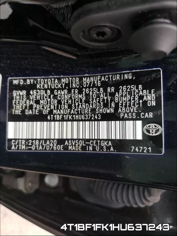 4T1BF1FK1HU637243 фото 2