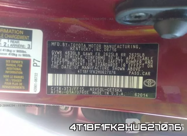 4T1BF1FK2HU627076 фото 8