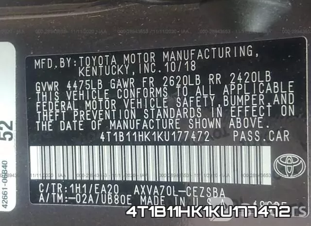 4T1B11HK1KU177472 фото 8