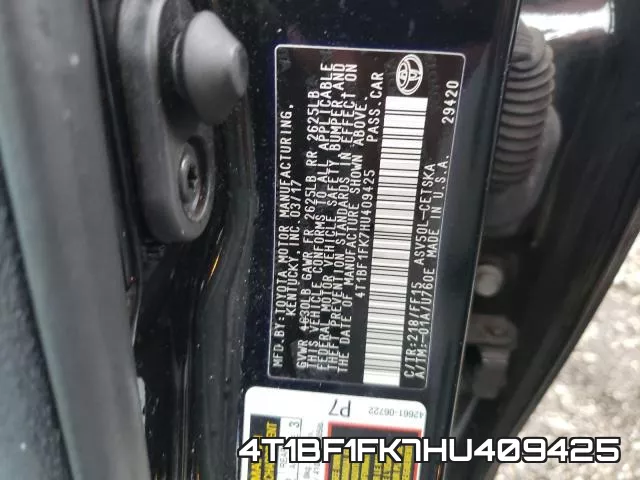4T1BF1FK7HU409425 фото 2