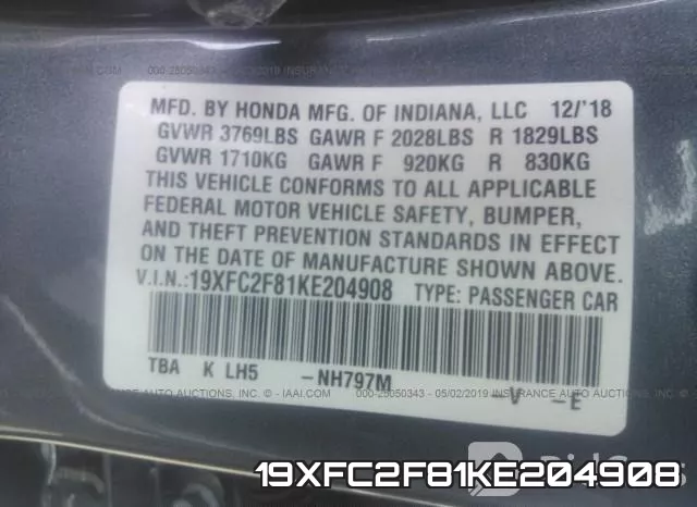 19XFC2F81KE204908 фото 10