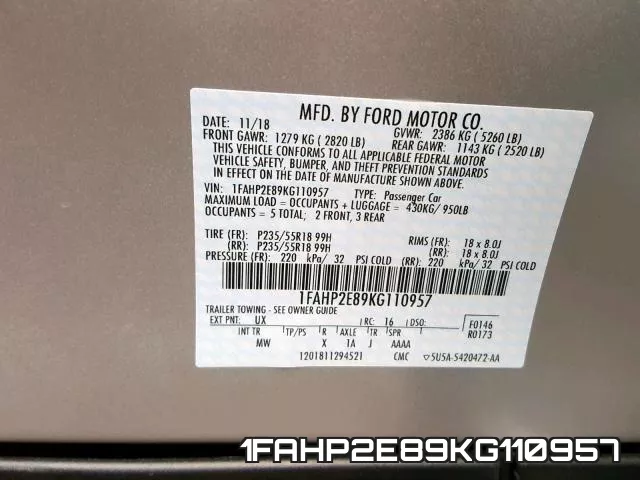 1FAHP2E89KG110957 фото 2
