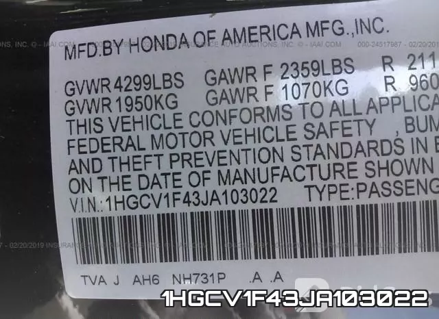 1HGCV1F43JA103022 фото 10