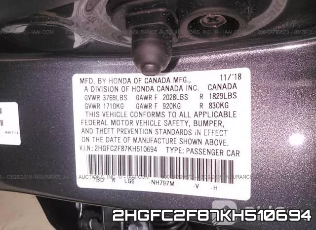 2HGFC2F87KH510694 фото 10