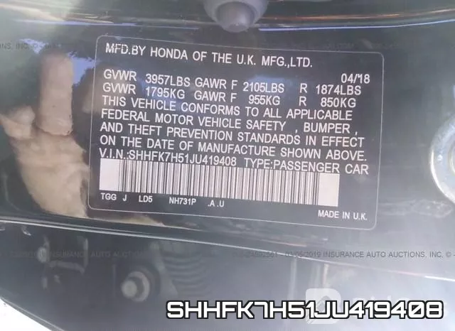 SHHFK7H51JU419408 фото 10