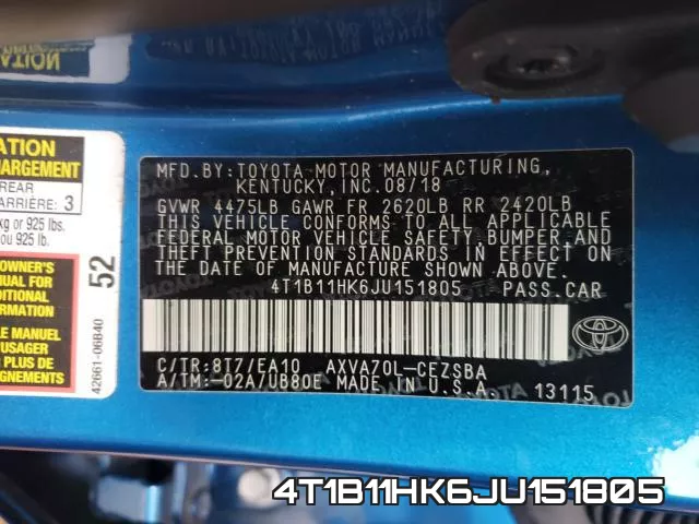 4T1B11HK6JU151805 фото 2