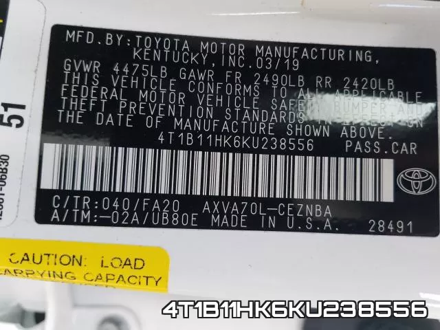 4T1B11HK6KU238556 фото 2