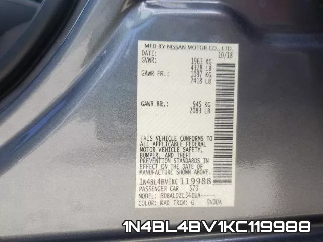 1N4BL4BV1KC119988 фото 2