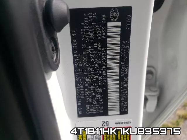 4T1B11HK7KU835375 фото 2