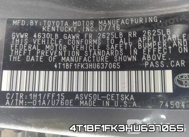 4T1BF1FK3HU637065 фото 10