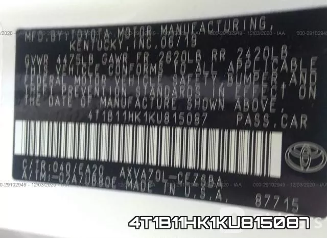4T1B11HK1KU815087 фото 9