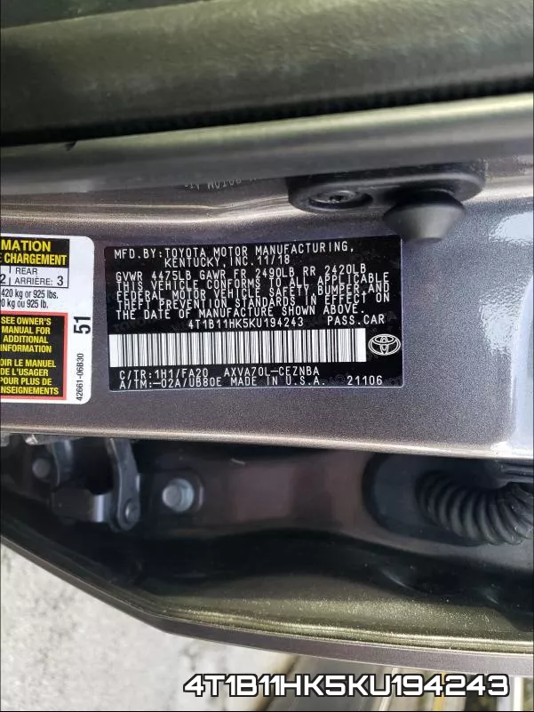 4T1B11HK5KU194243 фото 2