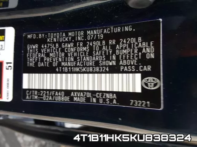 4T1B11HK5KU838324 фото 2