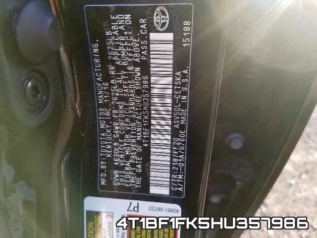 4T1BF1FK5HU357986 фото 2