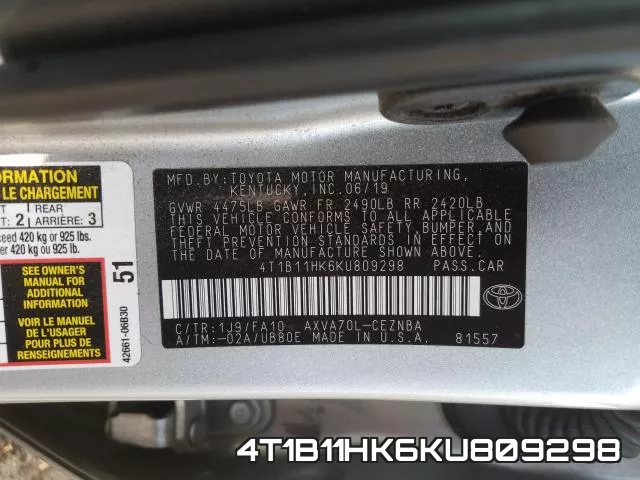 4T1B11HK6KU809298 фото 2