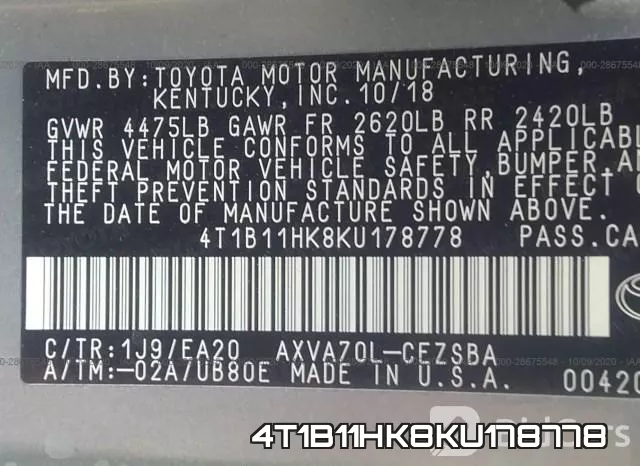 4T1B11HK8KU178778 фото 10