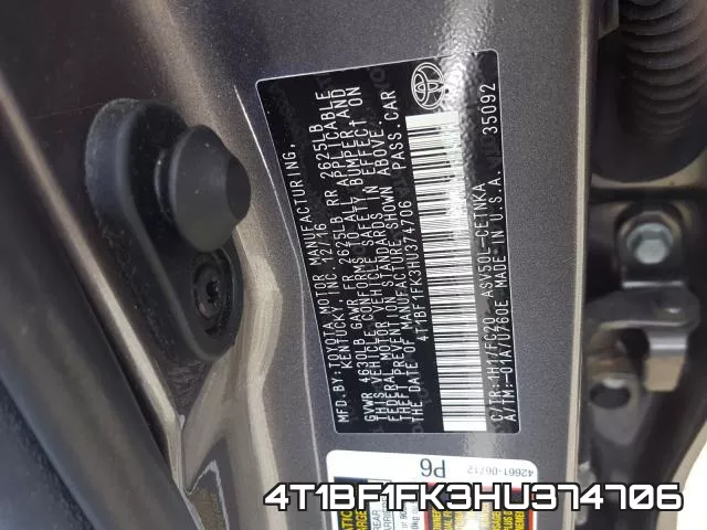 4T1BF1FK3HU374706 фото 2