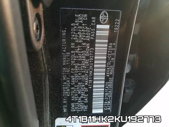 4T1B11HK2KU192773 фото 2