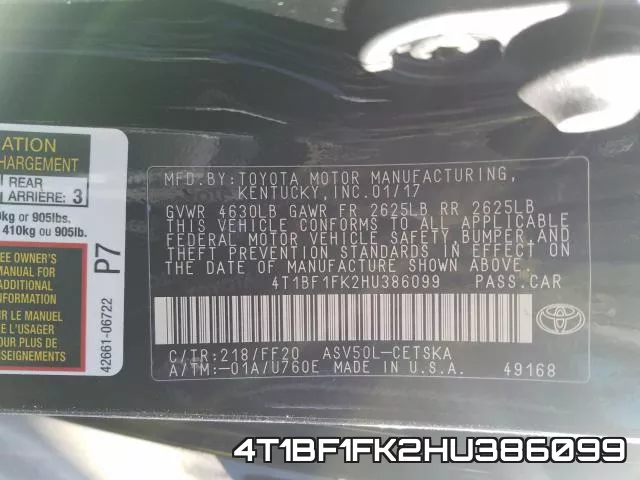 4T1BF1FK2HU386099 фото 2