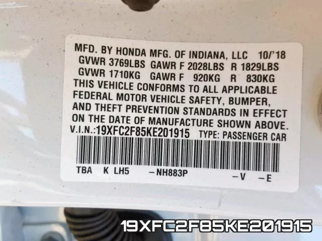 19XFC2F85KE201915 фото 2