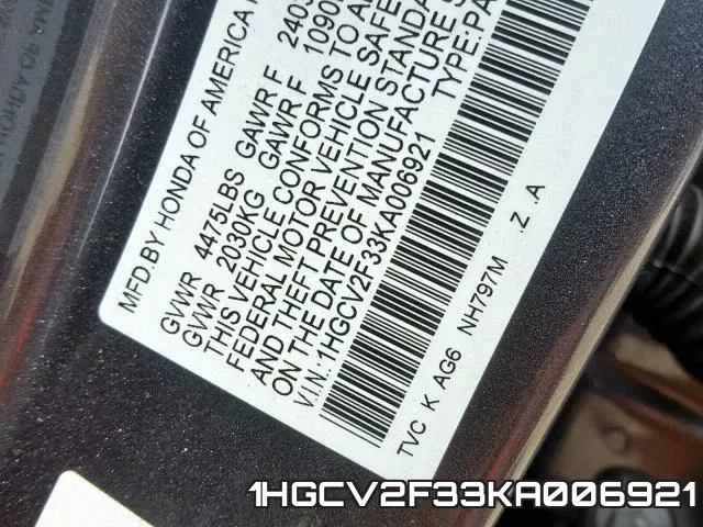1HGCV2F33KA006921 фото 2