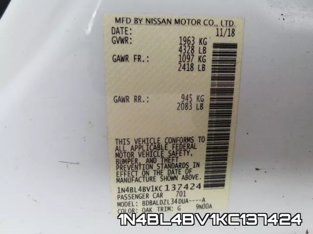 1N4BL4BV1KC137424 фото 2