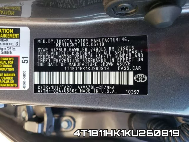 4T1B11HK1KU260819 фото 2