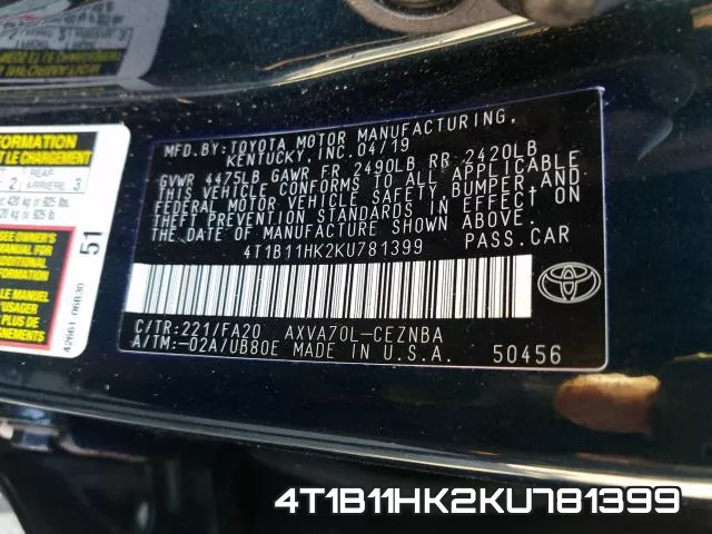 4T1B11HK2KU781399 фото 2