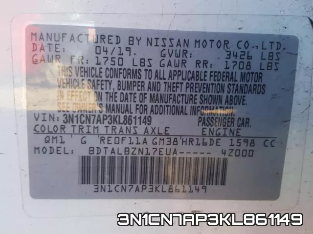 3N1CN7AP3KL861149 фото 2