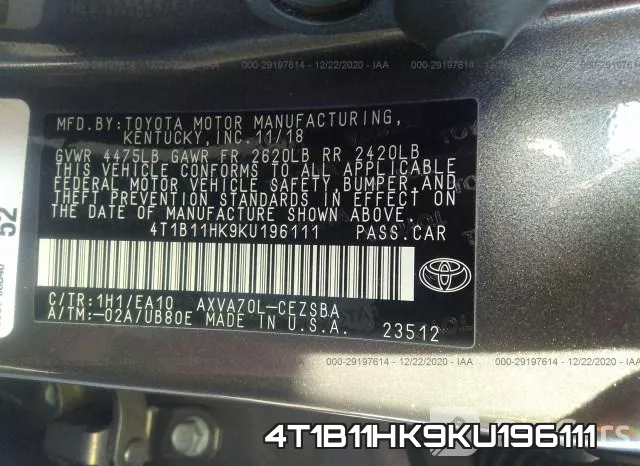 4T1B11HK9KU196111 фото 10