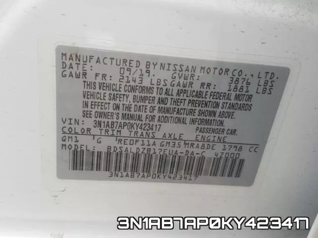 3N1AB7AP0KY423417 фото 2