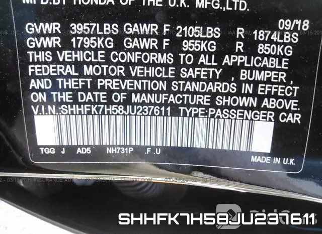 SHHFK7H58JU237611 фото 10